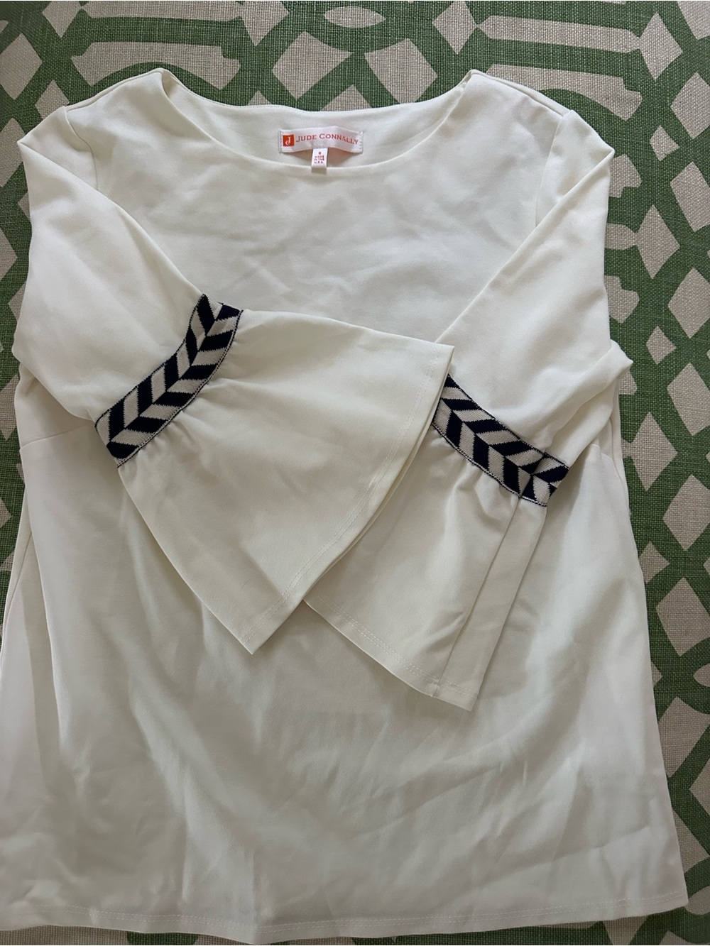 Jude Connally White Bell Sleeve Top with Navy Chevron Trim